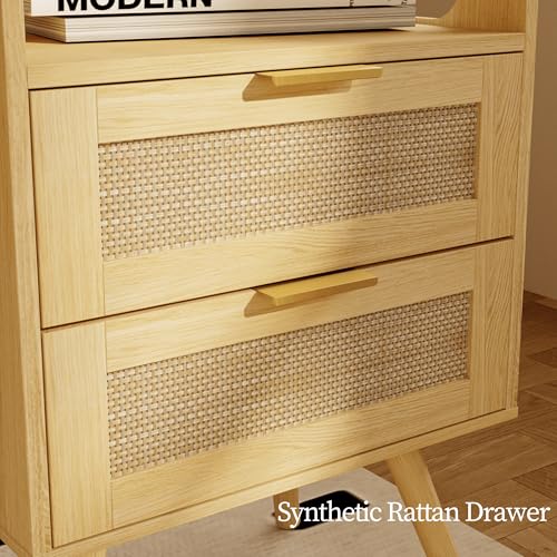 JOONEE Rattan Nightstand,Farmhouse Bedside Table with 2 Storage Drawer and Open Wood Shelf, for Bedroom and Small Spaces,Night Stand with Solid Wood Legs (Yellow Oak) - color: Yellow Oak