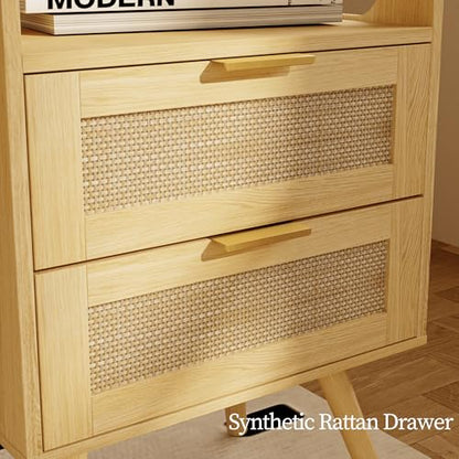 JOONEE Rattan Nightstand,Farmhouse Bedside Table with 2 Storage Drawer and Open Wood Shelf, for Bedroom and Small Spaces,Night Stand with Solid Wood Legs (Yellow Oak) - color: Yellow Oak
