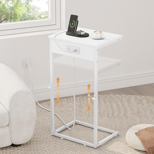 Vagusicc C Shaped End Table with Charging Station, Adjustable Height Side Table for Couch, Small End Table Small Spaces, 33.2'' Tall Couch Tables that Slide Under, Tv Tray Table for Living Room, White - color: White (1 Pack), style: With Plug