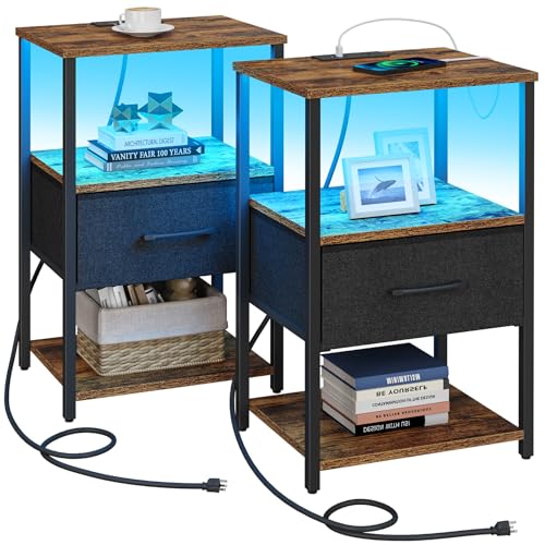 TUTOTAK LED Nightstand Set of 2, Night Stand with Charging Station, End Table, Bedside Table with Fabric Drawer, Side Table for Livingroom and Bedroom, Brown TB01BB0692L - color: Brown, style: Plug&LED