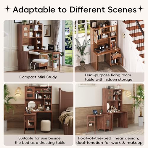 Bellemave Computer Desk with 90 Degree Rotating Desktop, 43x70 Inch Home Office Desk with Drawer and Storage Cabinets, Gaming Desk with Shelves, Writing Desk for Study (Walnut) - color: Walnut