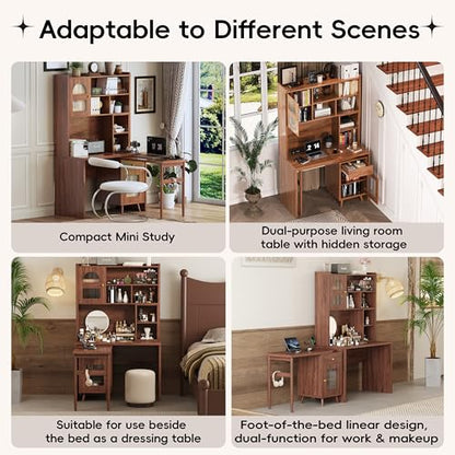 Bellemave Computer Desk with 90 Degree Rotating Desktop, 43x70 Inch Home Office Desk with Drawer and Storage Cabinets, Gaming Desk with Shelves, Writing Desk for Study (Walnut) - color: Walnut