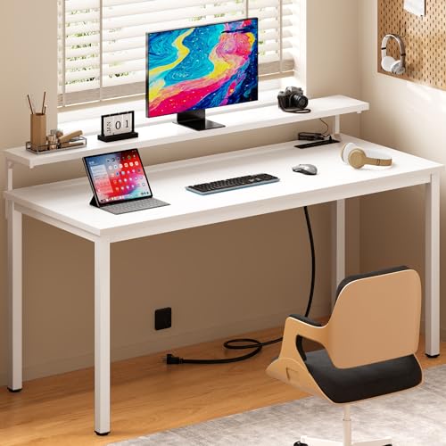 Need 60 inch Computer Desk with LED Lights & Power Outlets, Large Home Desk with Monitor Shelf, Writing Table Gaming Desk Home Office Desk, White - color: White, size: 60 inches
