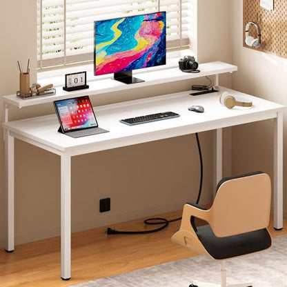 Need 60 inch Computer Desk with LED Lights & Power Outlets, Large Home Desk with Monitor Shelf, Writing Table Gaming Desk Home Office Desk, White - color: White, size: 60 inches