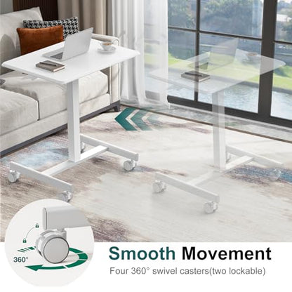 DUMOS Small Standing Desk with Wheels, Laptop Desk, 19 Inch | Portable Rolling Design, Adjustable Height Workstation, Home Office Mobile Station, White - color: Modern White