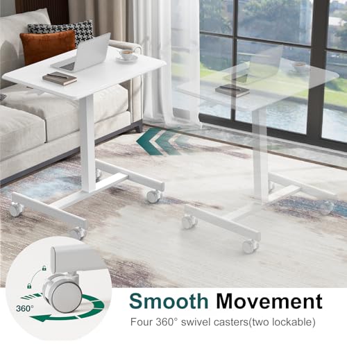 DUMOS Small Standing Desk with Wheels, Laptop Desk, 19 Inch | Portable Rolling Design, Adjustable Height Workstation, Home Office Mobile Station, White - color: Milky White