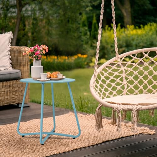 danpinera Outdoor Side Tables with Flower Cut Outs, Weather Resistant Steel Patio Side Table, Small Round Outdoor End Table Metal Side Table for Patio Yard Balcony Garden Blue - color: Blue
