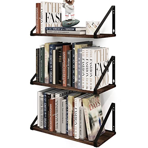 BAMEOS Floating Shelves Rustic Wood Wall Shelf, Small Bookshelf for Living Room, Office, Bedroom, with Metal Bracket - style: 3 pack Carbonized 16"W 8"D