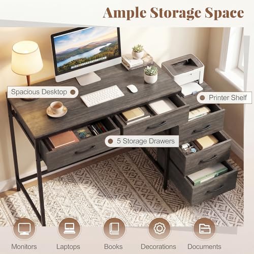 Tangkula Reversible Computer Desk with 5 Drawers, 51-Inch Home Office Desk with Drawers & Printer Stand, Industrial Writing Study Desk, Laptop PC Desk Workstation for Bedroom, Small Spaces (Grey) - color: Grey