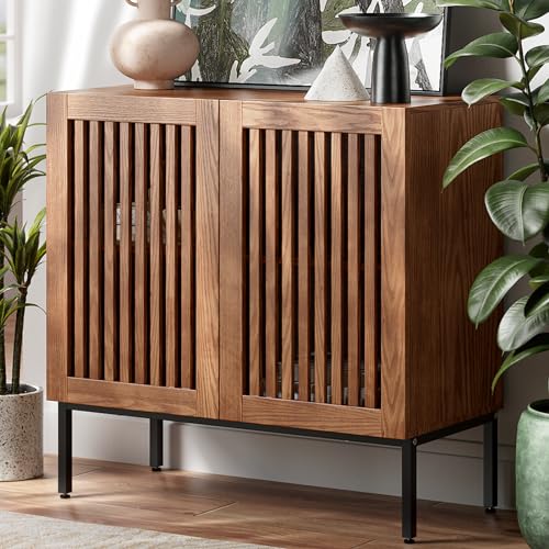 BVIUNTWO Storage Cabinet, Modern Coffee Bar with Adjustable Shelf and Metal Base, 32 Inch Wood Multifunctional Console Table for Kitchen, Living Room, Entryway, Brown - color: Brown, size: 32 Inch