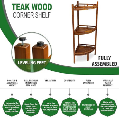 Teak Corner Shower Shelf, 3 Tier, 14Wx14Lx39.5H inches, Fully Assembled, The OM