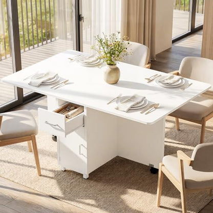 Folding Dining Table with Wheels, Space Saving Drop Leaf Kitchen Table with Storage Cabinet, Expandable Movable Furniture for Small Apartment, White - color: White