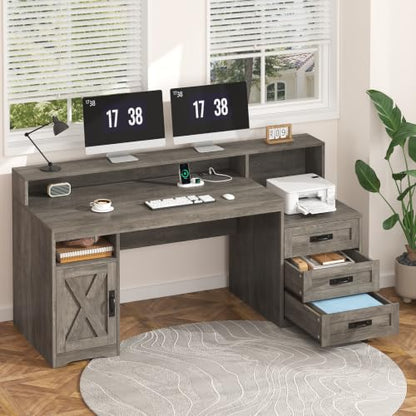 65" Farmhouse Computer Desk with Drawers and Printer Stand for Home Office | Office Desk with Power Outlets and Storage Cabinet, Study Writing Desks with Long Monitor Stand, Grey - color: Grey