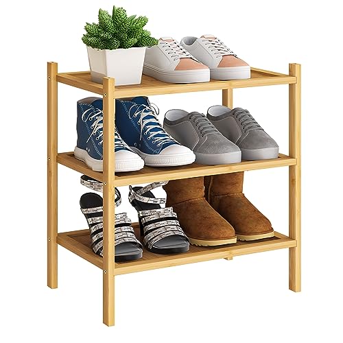 BMOSU 3-Tier Bamboo Small Shoe Rack Premium Stackable Shoe Shelf Storage Organizer for Hallway Closet Living Room Entryway Organizer(Natural) - color: Natural, size: Small-3-Tier（17*11*18.3inches）
