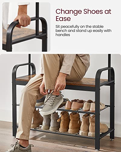 VASAGLE Coat Rack, Hall Tree with Shoe Bench for Entryway, Entryway Bench with Coat Rack, 4-in-1, with 9 Removable Hooks, a Hanging Rod, 13.3 x 33.1 x 72.1 Inches, Rustic Brown and Black UHSR400B01 - color: Rustic Brown + Black, size: 33.1"W