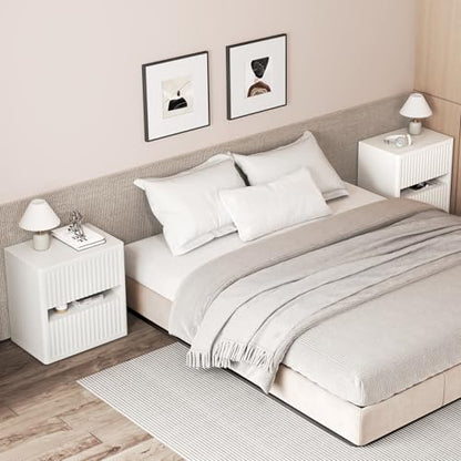 Dripex Fluted Nightstand Set of 2, 22'' Wide Night Stand with 2 Large Drawers, Mid Century Modern Wood Bedside Table with Open Shelf, Large Bed Side End Table for Bedroom, White - color: White