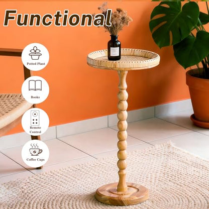 Small Side Table, Rattan Drink Table, Round Side Table for Small Spaces, Boho Circle End Table Coffee Table with Solid Wood Leg for Living Room, Pedestal Table for Bedroom, Corners - size: High: 25", style: Bohemian