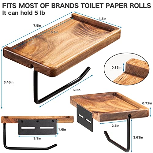 Yangbaga Toilet Paper Holder with Shelf: Wall Mount Bathroom Tissue Roll Storage with Adhesive& Screw, Matte Black Aluminum Alloy Bathroom Accessories Wood Shelf for Phone Wipes