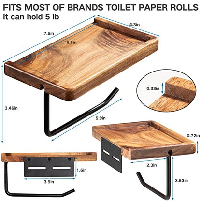 Yangbaga Toilet Paper Holder with Shelf: Wall Mount Bathroom Tissue Roll Storage with Adhesive& Screw, Matte Black Aluminum Alloy Bathroom Accessories Wood Shelf for Phone Wipes