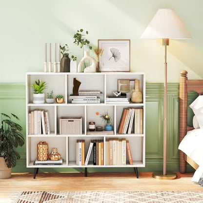 Tangkula 10-Cube Bookcase, Modern 47”L Storage Bookshelf with 5 Tapered Metal Legs & 2 Anti-Tip Kit, Freestanding Display Rack for Living Room, Study Room (White, 10-Cube) - size: Standard 10-Cube