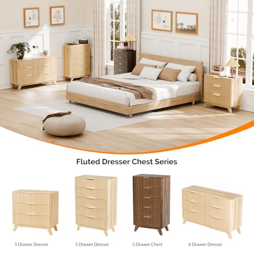 VINGLI Fluted Wood Nightstand 3 Drawer, 31.5" W Mid Century Modern Nightstand Tall, Fluted Bedside Table, End Table, Night Stand for Bedroom, Oak, 31.5" W*15.96" D*29.72" H - color: Oak, size: 31.5"W-3 Drawer