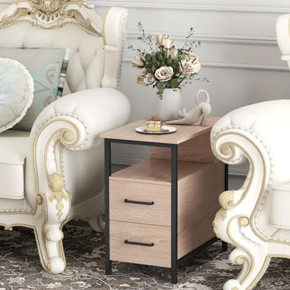 Livofloral Side Tables with Charging Station, Narrow End Table with 2 Wooden Drawers, USB Ports and Power Outlets, Narrow Nightstand and Bedside Table, Side Tables Living Room, Bedroom, Greige - color: Greige