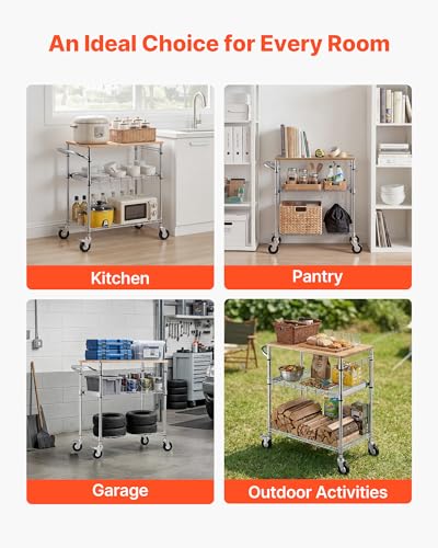 VEVOR Kitchen Utility Cart, 3 Tier Heavy Duty Adjustable Wire Storage Rack with Wood Tabletop and Handle Bar, Rolling Portable Service Trolley on Wheels, 661 lbs Steel Work Table, 30x18x36 in - size: 18"D x 30"W x 36"H Table top