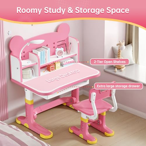 Kids Desk and Chair Set, Height Adjustable Child's School Study Writing Tables, Kids Desk with Bookstand and Storage Drawer, Widened Desktop with Desktop for Boys and Girls (Pink-F) - color: Pink-f