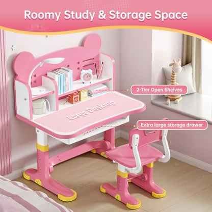 Kids Desk and Chair Set, Height Adjustable Child's School Study Writing Tables, Kids Desk with Bookstand and Storage Drawer, Widened Desktop with Desktop for Boys and Girls (Pink-F) - color: Pink-f