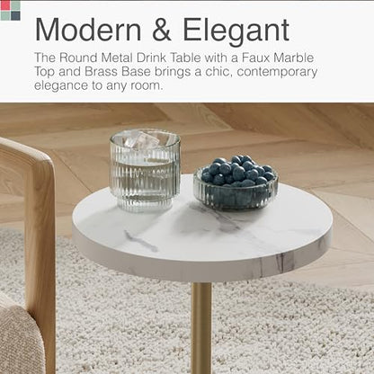 Round Metal Drink Table with Faux Marble Top, Brass Pole & Dome Base – Modern Small Pedestal Side Table for Living Room, Bedroom, or Office – Easy Assembly, Scratch-Resistant Base - color: Faux Marble Top With Brass Pole, style: Dome Base