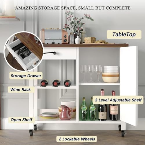 Small Kitchen Island Cart on Wheels with 31.4'' Wood Tabletop, White | Farmhouse Rolling Kitchen Island with Storage, Lockable Wheels, Drawer, Adjustable Shelf and Wine Rack for Dining Room - style: White