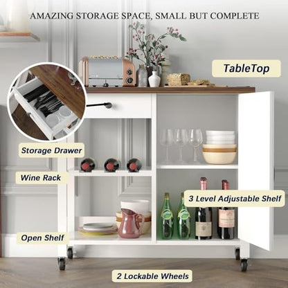 Small Kitchen Island Cart on Wheels with 31.4'' Wood Tabletop, White | Farmhouse Rolling Kitchen Island with Storage, Lockable Wheels, Drawer, Adjustable Shelf and Wine Rack for Dining Room - style: White