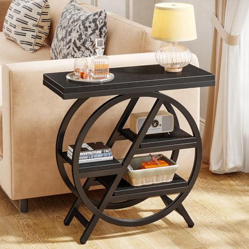 Tribesigns End Table for Living Room, 3-Tier Narrow Side Table with Storage, Wood Sofa Side Table with Geometric Metal Frame, Industrial Nightstand and Bedside Table for Bedroom, Black - color: Black