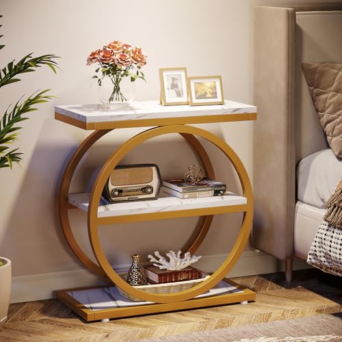 Tribesigns End Table with Storage Shelves, 3-Tier Wooden Industrial Sofa Side Table with Black Metal Frames for Living Room, Slim Nightstand and Bedside Table for Bedroom, White & Gold - color: White