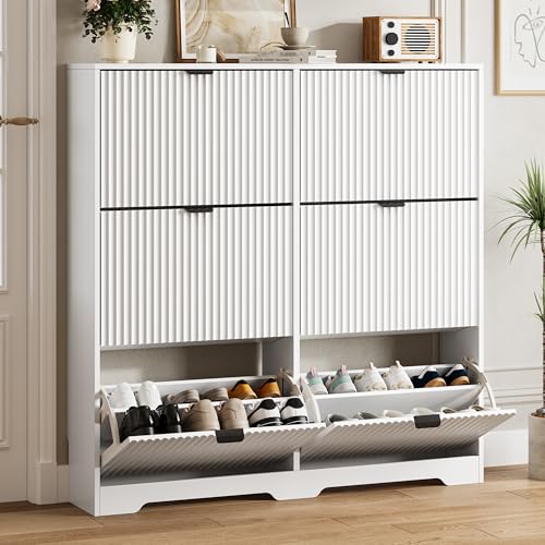 HUANLEGO Shoe Cabinet Storage for Entryway with 6 Flip Drawers, White Fluted Shoe Cabinet with Adjustable Shelves, Wooden Hidden Shoe Rack Freestanding Narrow Slim Shoes Storage for Hallway, Entrance - color: White, size: 6 Drawer