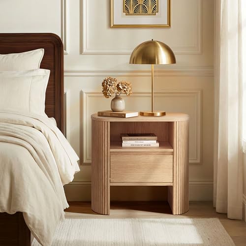 Fluted Nightstand with Drawer, Wood Bedside Table with Storage Shelf, Night Stand for Bedroom, Small Side Table for Living Room, Modern End Table for Small Space
