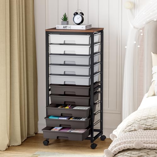 SYKIARIOL Rolling Cart with Drawers,10 Drawer Rolling Cart,Storage Cart,Utility Cart,Teacher Cart for Classroom Storage,Craft Cart with Wheels and Wooden Tabletop,Grey - color: Grey
