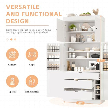 Merax 77'' Tall Freestanding Kitchen Pantry, 35''Lx17.7''W Modern Shaker Style Cupboard Storage Cabinet with Adjustable Shelves,Door Shelves, Drawers and Wine Racks, White - color: White