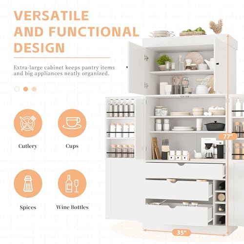 Polibi 77" Tall Freestanding Kitchen Pantry Cabinet, 35" L x 17.7" W Modern Shaker Style Storage Cupboard with Adjustable Shelves, Wine Racks, Drawers, Door Shelves, White - color: White