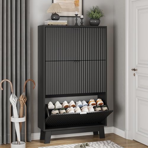 Xixini Shoe Cabinet with 3 Flip Drawers, 54" Tall Narrow Fluted Shoe Storage Organizer for Entryway, Hidden Slim Wooden Shoe Rack Cabinet for Front Door Entrance, Hallway, Living Room, Solid Black - color: Solid Black, size: 3 Flip Drawers