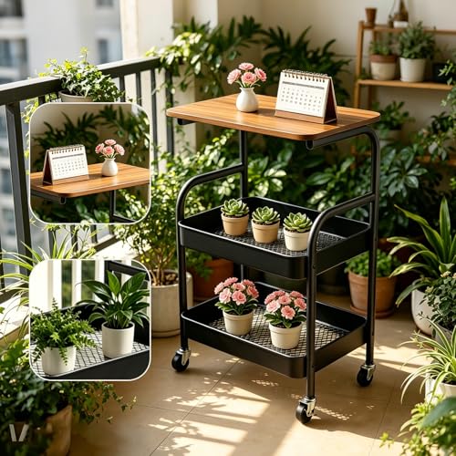 3 Tier Rolling Cart with Walnut Table Top, Sturdy Metal Storage Cart with Lockable Wheels, Multi-Purpose Mobile Shelf for Kitchen, Bedroom, Snacks, Coffee, Craft, Makeup, Garage (Black) - color: Black