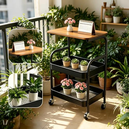 3 Tier Rolling Cart with Walnut Table Top, Sturdy Metal Storage Cart with Lockable Wheels, Multi-Purpose Mobile Shelf for Kitchen, Bedroom, Snacks, Coffee, Craft, Makeup, Garage (Black) - color: Black
