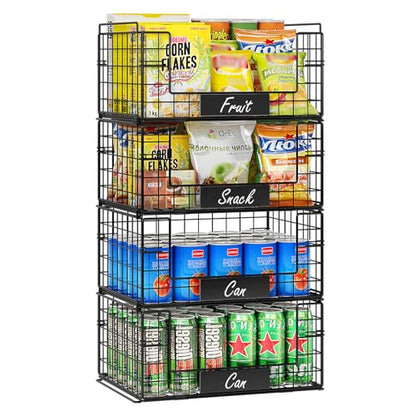 JKsmart 4 Pack XXL Stackable Wire Baskets with Handles for Pantry Storage and Organization,Fruit and Vegetable Basket with Name Plates,Metal Storage Bins for Snack Can Fruit Veggies - size: XXL-16.34"x12.01"x31.48"