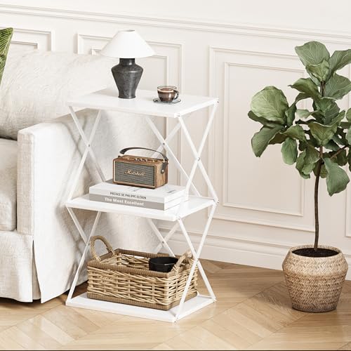 3-Tier End Table Small Side Table Tall Bedside Night Stand with Storage Sofa Side desks for Living Room Bedroom Office Bathroom Small Space White ET-03W - color: White High