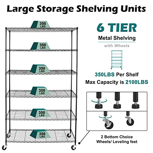NSF Certified Storage Shelves on Wheels, Heavy Duty Metal Shelves for Storage with Adjustable Stand, 6-Tier Wire Shelving Unit for Garage Pantry Kitchen Shelf Rack(17" W*47" D*80" H), Black - size: 6tier 47"D x 14"W x 80"H