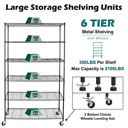 NSF Certified Storage Shelves on Wheels, Heavy Duty Metal Shelves for Storage with Adjustable Stand, 6-Tier Wire Shelving Unit for Garage Pantry Kitchen Shelf Rack(17" W*47" D*80" H), Black - size: 6tier 47"D x 14"W x 80"H