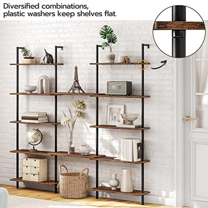 HOOBRO DIY Ladder Shelf, 6-Tier Wall Mounted Bookshelf, Office Vertical Bookcase, Wooden Storage Shelves for Home Office, Bedroom, Rustic Brown and Black BF65CJ01 - color: Rustic Brown and Black