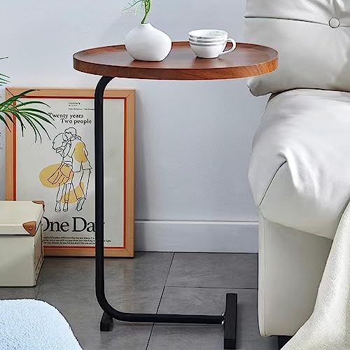 C-Shaped Side & End Table for Small Spaces and Living Room, Modern Nightstand Suit for Sofa Couch and Bed, Brown Oval top with Black Metal Frame 2PCS, 17.72" D x 11.8" W x 23.62" H - color: Brown