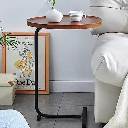 C-Shaped Side & End Table for Small Spaces and Living Room, Modern Nightstand Suit for Sofa Couch and Bed, Brown Oval top with Black Metal Frame 2PCS, 17.72" D x 11.8" W x 23.62" H - color: Brown