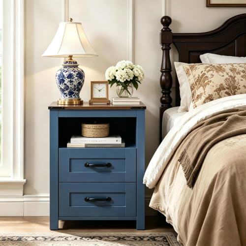 Farmhouse Nightstand with 2 Drawers Storage, End Table with Open Shelf, Bedside Table for Bedroom Without Charging Station, Blue - color: Blue, size: 1pcs without Charging